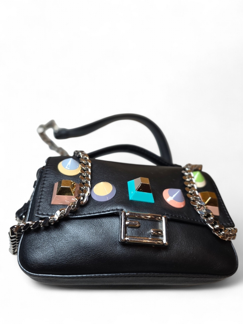 FENDI Double Mini Baguette Studded Crossbody Shoulder Bag Black Leather - Picture 8 of 13